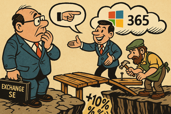 Comic-Stil: Ein Geschäftsmann steht unsicher an einer hölzernen Brücke, die über einen Abgrund in eine große Wolke mit Microsoft-365-Logo führt. Ein Microsoft-Vertreter weist mit selbstsicherer Geste auf die Wolke. Unter der Brücke schweben Geldsymbole. Die Brücke steht für Exchange SE im SPLA, das Ziel für den Umzug ins Microsoft-Rechenzentrum.