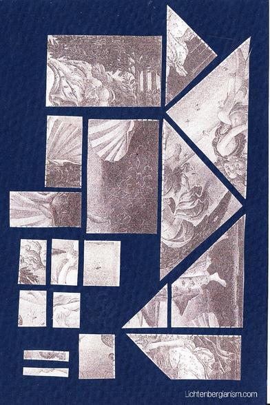 A black-and-white print of Botticelli’s “The Birth of Venus” has been cut up and rearranged tangram-fashion.