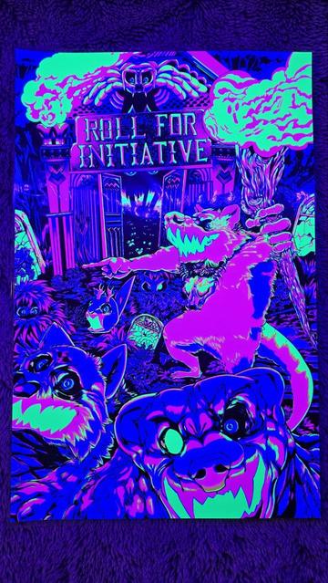 Blacklight poster of a necromancer opossum with the text "roll for initiative" in a shouting pointing pose while holding a magical staff that is flaming and hordes of undead animals are spewing out from a m
