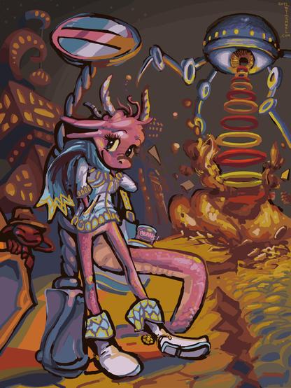 anthropomorphic pink lizard person in an erratically constructed city-like location wearing white boots and a white jacket leans against a do-not-enter sign post while a massive flying robot with spider-like mechanical legs and an enormous central eye emits yellow and red O-shaped projectiles downward and damages the street