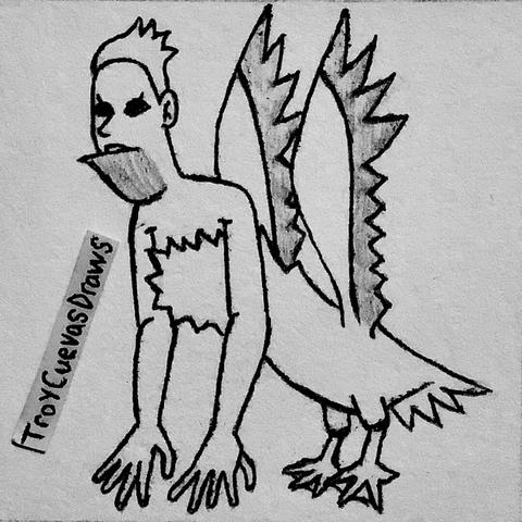 A siren with a lower lip of a pelican beak, upper body of human, and lower half of a pelican including legs and wings