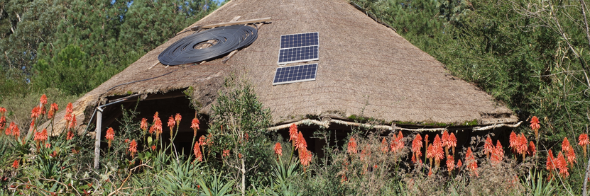 Imagen de laCasona de frente el 26 de junio 2024. Las flores del aloe arborescens lucen como candelas frente al chinchado. Se puede ver una espiral de plastiducto en el techado y también 3 placas solares de 100 vatios..