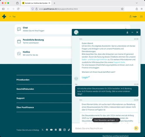 Screenshot: Nutzloser KI-Chatbot bei PostFinance