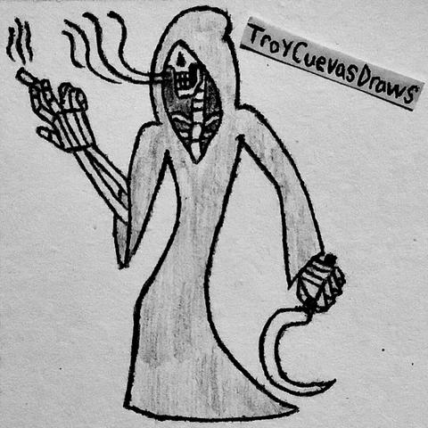 The Grim Reaper holding a sickle and a cigarette he’s smoking with