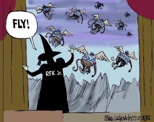 A cartoon depicting a figure in a wizard-like outfit labeled "RFK Jr." commanding flying monkeys wearing labels of various illnesses such as "Flu," "Mumps," "Measles," "Polio," and "Rubella" to “FLY” against a background of blue sky and mountains.