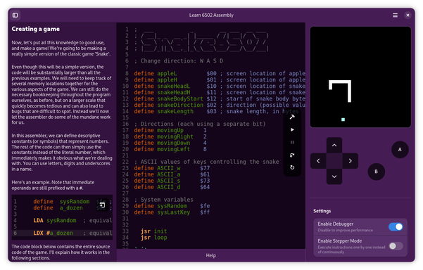 Code, debug and play Snake with 6502 assembler