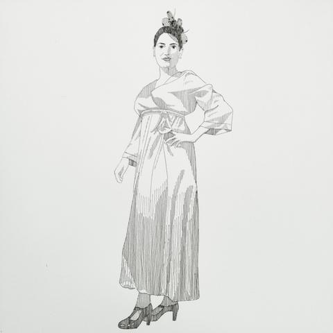 Ink drawing of an elegantly dressed lady.