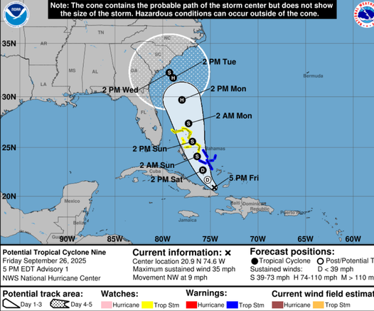 Potential track of Imelda into the Carolinas