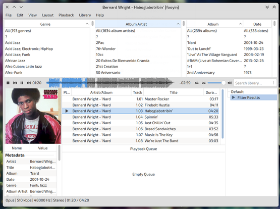 Fooyin music player reproducing Bernard Wrigh's album Nard from 1981.
The player has a three pane layout with search functions and a waveform seekbar.