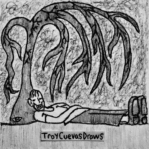 A man’s body laying underneath the veiny “branches” of a tree that’s reaching for him