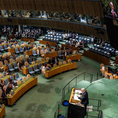 Prime Minister Benjamin Netanyahu of Israel delivering an address to a mostly empty hall at the United Nations on Friday.