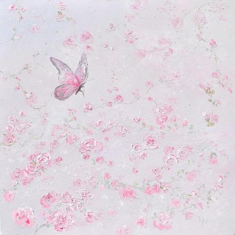 A thickly textured decorative painting of a delicate pink rose garden with a pink butterfly. The background is a soft pink grey.