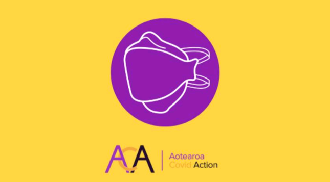 A yellow poster with a violet circle in the middle. In the circle is the white outline of a respirator mask. Underneath is the logo of Aotearoa Covid Action.