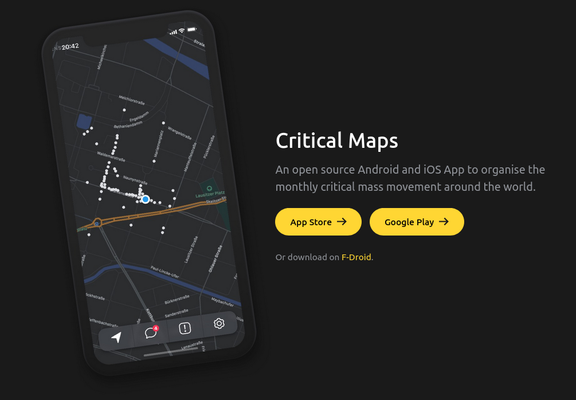 l'image est une capture d'écran de www.criticalmaps.net. elle montre l'application sur un téléphone avec la description suivante : "Critical Maps, une app Android et iOS open source pour organiser le mouvement mensuel masse critique à travers le monde" suivi de boutons de téléchargement.
