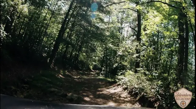 Berry Mountain climb picture 3. View over the hood of the FJ from the hero camera mounted to the windshield. Cruiser tipped to the left, though still on all four wheels, in a deeply rutted two-track in the woods.