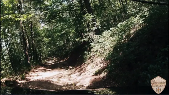 Berry Mountain climb picture 4. View over the hood of the FJ from the hero camera mounted to the hood. Cruiser tipped to the right, though still on all four wheels, in a deeply rutted two-track in the woods.
