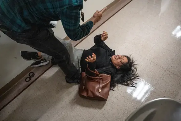A photo from ProPublica shows an ICE agent jn a green plaid shirt and jeans standing over a woman on her back on the floor.

"The federal agent yells and waves his finger at Moreta-Galarza after throwing her to the ground. Credit: Graham Macindoe"