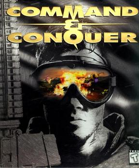 The image shows the original Command & Conquer (1995) video game cover.
It features a soldier’s face in grayscale, wearing reflective combat goggles. In the reflection of the goggles, a fiery battlefield scene is visible with tanks, explosions, and chaos. The game’s title, “COMMAND & CONQUER,” is displayed in large, bold, yellow letters at the top. The overall design gives a gritty, militaristic feel, perfectly matching the game’s theme of modern warfare between GDI and Nod.