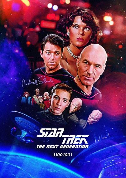 A poster for Star Trek: The Next Generation episode, 11001001, featuring Picard, Minuet, Wesley, and Riker, prominently, and the Binars and other cast members in the background. Behind them, there is an interstellar background with a Federation Starbase and the Enterprise-D.