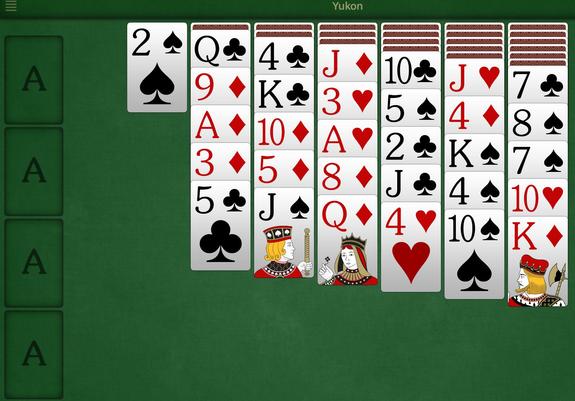 Image of a deck of cards dealt on a green background, in a conformation for playing the game, Yukon.
The cards are dealt in alternating colors, in 7 columns.
1st column has 1 card.
2nd = 6 … 3rd = 7 … 7th = 11. In all columns only the top 5 cards are face-up.