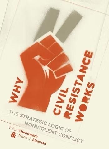 Cover of the book Why Civil Resistance Works: The Strategic Logic of Nonviolent Conflict by Erica Chenoweth and Maria J. Stephan. The design features a stylized red fist raised in protest, with two gray vertical bars behind it. The title text is arranged vertically around the fist, symbolizing strength and solidarity in nonviolent movements.