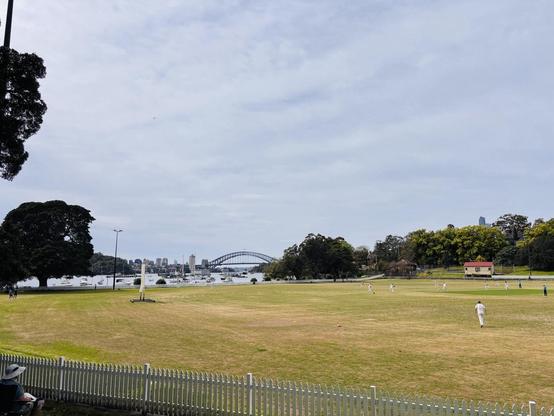 A cricket oval fronting Sydney harbour, with the bridge in background. Someone in a wide brimmed hat is sitting behind the white picket fence in foreground, watching the game. A player in white runs towards the pitch. The light and colours are bright, and the leaves on the trees are unmoved - perhaps this means it’s a lovely warm day with no chilly wind?
