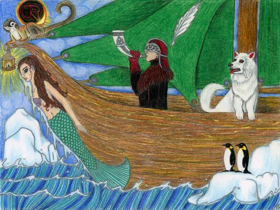 A ship with green sails and a feather crest bears the Welsh god Arawn and his white hound with red eyes and ears through Antarctic waters, beneath the Solar eclipse.  The otherworldly god is dressed in black and red with a red and silver helm bearing a leaf-life lattice over his eyes, and he blows a white hunting horn with the Celtic triquetra symbol in silver filigree.  A monkey in the ship's prow looks toward a red sigil in the blackness of the eclipse that signifies "patience."  A mermaid figurehead drips with ice.  A pair of emperor penguins in the lower right-hand corner of the image look on from a nearby iceberg, dwarfed by the huge figures and ship from the realm of Anwwn, the afterlife that Arawn's horn calls all lost souls home to.