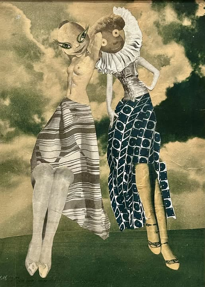 A photomontage by Hannah Hoch, a weimar era artist. On the way to Seventh Heaven (1934) depicts interpretations of gender roles with two dadaist figures dressed in long patterned skirts with masked /montage faces and blurred gender features.