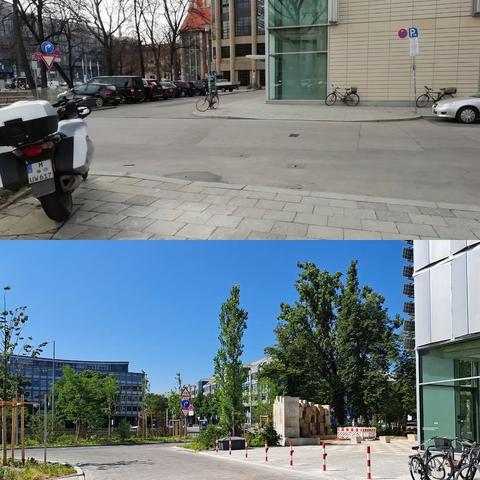 Das Bild zeigt zwei verschiedene Straßenansichten in einer Stadt. Oben ist eine Straße mit geparkten Autos und Motorrädern zu sehen, die von Gebäuden mit moderner Architektur umgeben ist. Ein Fahrrad steht am Straßenrand, und ein Motorrad steht auf dem Bürgersteig. Der Himmel ist bewölkt, und die Bäume sind kahl, was auf eine kühle Jahreszeit hinweist.
Unten ist eine andere Straße mit einem klaren blauen Himmel und grünen Bäumen zu sehen. Die Straße ist sauber und gut gepflegt, mit einem modernen Gebäude im Hintergrund. Einige Fahrräder stehen am Straßenrand, und es gibt rote und weiße Stolperstreifen, die die Fahrbahn abgrenzen. Die Umgebung wirkt ruhig und gepflegt, mit viel Grün und modernen Gebäuden.