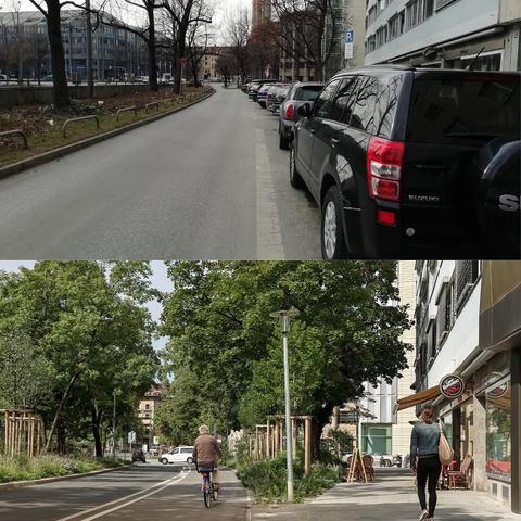Das Bild zeigt zwei verschiedene Szenen einer Stadt. Oben ist eine Straße zu sehen, die von Parkplatzgebäuden und Bäumen gesäumt ist. Parkplätze entlang der Straße sind mit Fahrzeugen belegt, darunter ein schwarzer Suzuki. Die Straße ist leer, und die Bäume sind kahl, was auf eine kühle Jahreszeit hinweist.
Unten zeigt das Bild eine andere Straße, die von dichtem grünem Laub gesäumt ist. Hier ist ein Radfahrer auf einem Radweg zu sehen, der von Bäumen und einem Gehweg begleitet wird. Einige Geschäfte sind am Straßenrand zu sehen, einschließlich eines mit einem Schild "Wurstküche". Die Straße ist belebt mit Fußgängern und Fahrzeugen, und die Atmosphäre wirkt lebendig und grün.