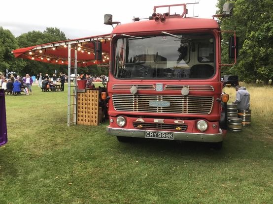 Ex-Leicester AEC fire truck being used as a catering vehicle, frontal view