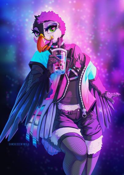 A female anthro puffin bird character holding a bubble tea drink cup while looking super cheerful. She's wearing a cool outfit and a travelers bag. The entire outfit is mostly colored in black with transgender-flag colored accent colors! The background and lighting adds a cyberpunkish vibe to the artwork