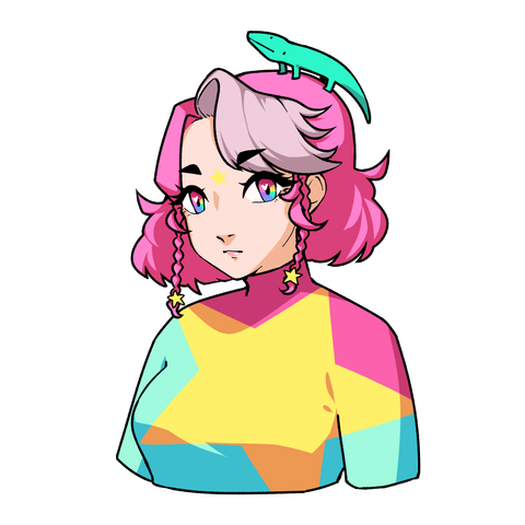 Avatar of Mama Vixiii, who is a cartoon style character with pink hair, rainbow eyes, and a high-necked shirt in pink and teal with a big yellow star over the boob area. They have a green lizard perched jauntily on top of their head, thin braids on each side of their head, and a faint yellow star between their eyebrows.