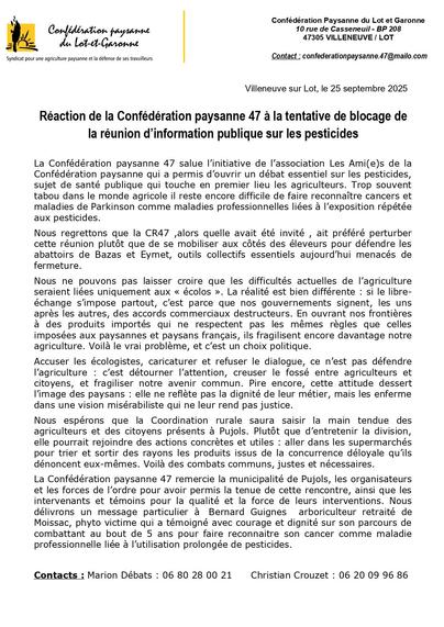 Texte du communiqué de la Confédération paysanne 47.