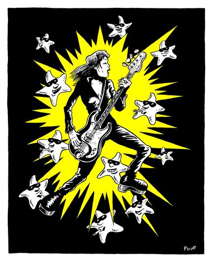 Une bassiste de Rock, vêtue de cuir, bondit en jouant de la basse. Autour d'elle fusent des éclairs. Elle est entourée d'étoiles à visage humain portant des lunettes noires. Dessin inspiré par la chanteuse et bassiste Susi Quatro.

A leather-clad rock bassist leaps while playing the bass. Lightning flashes around her. She is surrounded by stars with human faces wearing dark glasses. Drawing inspired by singer and bassist Susi Quatro.