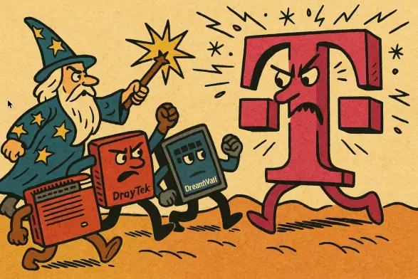 Ein Zauberer mit Sternenrobe führt drei anthropomorphisierte Netzwerkgeräte an – ein rotes „DrayTek“-Modem, ein graues „DreamWall“-Firewallgerät und ein weiteres Router-Symbol – alle mit wütenden Gesichtern. Sie marschieren auf ein riesiges, pinkes „T“-Logo mit finsterem Gesicht zu, das sich wehrt und Blitze ausstößt.