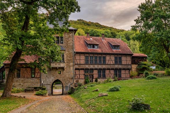 Das Bild zeigt einen malerischen Blick auf die Burg Schaumburg in Niedersachsen, genauer den Zugangsbereich.

Beschreibung des Gebäudes und der Architektur
Im Zentrum des Bildes steht ein beeindruckendes, historisches Gebäudeensemble.
Linker Gebäudeteil: Dieser Teil ist massiver gebaut und besteht hauptsächlich aus Naturstein (vermutlich Sandstein), was ihm ein burgenartiges, robustes Aussehen verleiht. Auffällig ist ein quadratischer Turm oder Gebäudeteil mit einem dunklen Schieferdach. Davor befindet sich ein Torweg mit einem gotischen Spitzbogen, der durch das Gebäude führt. Über dem Torbogen ist ein kleiner Balkon mit Steinbrüstung zu erkennen. Die Fenster in diesem Abschnitt sind hoch und schmal.
Rechter Gebäudeteil: Direkt an den Steinteil schließt ein längerer Fachwerkbau an, der typisch für die Region ist. Die Fassade des Obergeschosses und der Giebel sind von dunklem Holzfachwerk und hell verputzten Gefachen geprägt. Dieser Teil hat ein markantes rotes Ziegeldach mit mehreren Dachgauben. Die Fenster sind hier in Reihen angeordnet, meist als Sprossenfenster mit dunklen Rahmen.
Die Umgebung und Atmosphäre
Die Burg ist eingebettet in eine üppige, grüne Landschaft.
Vordergrund: Rechts unten erstreckt sich eine leicht ansteigende Wiese oder ein Rasen mit einigen unregelmäßig verteilten Steinen und niedriger Vegetation. Der Zugang zum Torbogen erfolgt über einen Kopfsteinpflasterweg oder eine Schotterstraße, der von links unten in das Bild führt. Links dominiert ein großer