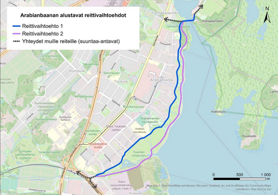 Kuvakaappaus: Arabianbaanan alustavat reittivaihtoehdot. Sinisellä vaihtoehto 1 kulkee kauempana rannasta, lähempänä asuinrakennuksia. Violetilla vaihtoehto 2 kulkee lähellä rantaa.