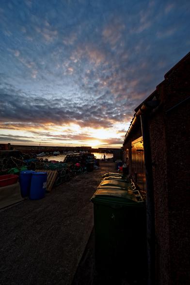Weitwinkel Aufnahme von Gebäuden (rechts) mit Mülleimer (?) Davor. In der Gebäude Front spiegelt sich das morgenlicht. Links sind Reusen aufstellt. In der Mitte geht der blich über das Hafen Becken zum Sonnenaufgang.