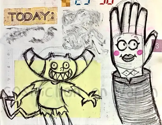 Set of two traditional doodles made with black ballpoint pen of Courtney and Fingers from Dead End: Paranormal Park, Courtney drawn from the knees up. Courtney looks feral and Fingers is simply smiling. A yellow post-it has been placed over the Courtney doodle to correct some mistakes. The background is grid paper.