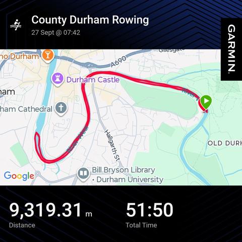 Map of the river wear through Durham showing a sculling session. 9.3km 50min