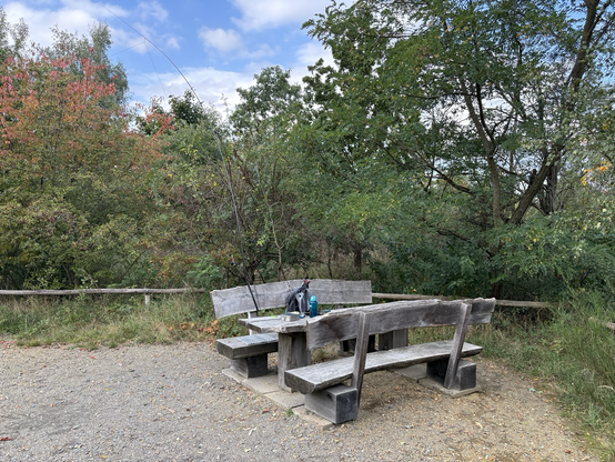 A table and two benches in front of the woods with some amateur radio equipment and a large wire antenna attached to one of the benches