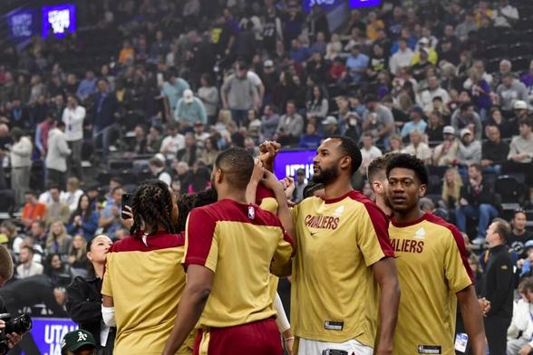 Mar 23, 2025; Salt Lake City, Utah, USA; Cleveland Cavaliers team huddles before the game against the Utah Jazz at Delta Center. Mandatory Credit: Peter Creveling-Imagn Images