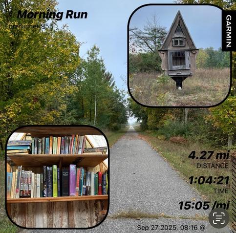 A collage of images with morning run statistics. The background is the tree-lined rails to trails in autumn, photo in top right is of a small wooden free library, and a photo in lower left is of two of the bookshelves filled with various books. The run details indicate a distance of 4.27 miles /6.87 km completed in 1 hour 4 min 21 sec with a pace of 15:05 per mile (9:22/km)