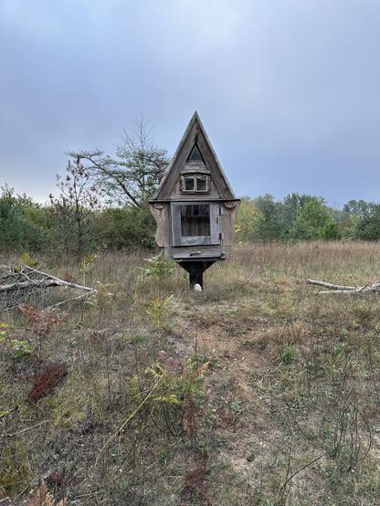 Photo of a free library placed near the rails to trails path I ran this morning. The sky is blue and cloudy. The library sits on a small, grassy incline with trees in the background. It’s wooden in the shape of a house. There are a set of windows that open as well as a door. I was pleased to see it overflowing with books and in good repair as it’s been vandalized more than once.