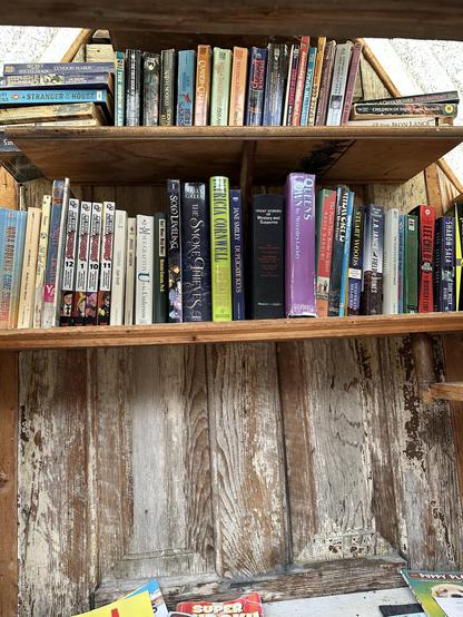 Photo of the inside of the free library with books on the bottom of the “house” as well as all three shelves.I was happy to see one of my favorite books, “Hyperion” by Dan Simmons, on one of the shelves.