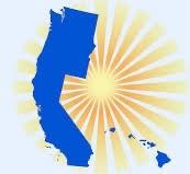 Map showing Washington, Oregon, California, and Hawaii lit up in blue
