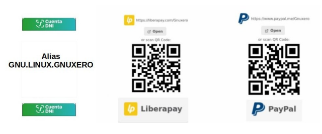 Cuenta DNI gnu.linux.gnuxero, QR Liberapay Gnuxero, y QR Paypal Gnuxero