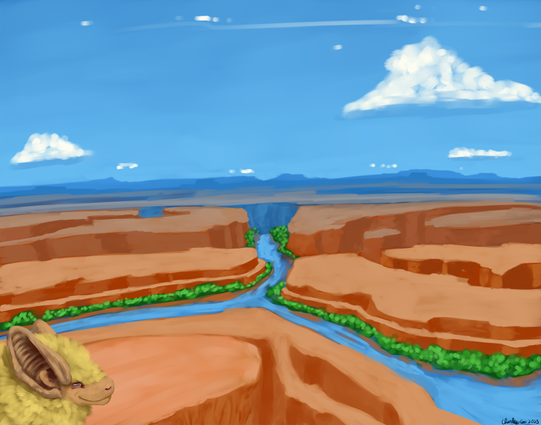 A large canyon river landscape with vegetation following alongside the river. The canyon continues out into the horizon where mountain tops can be seen in the far distance. The sky is partly cloudy with a few large slow moving clouds. In the foreground is a stylized portrait of a canyon bat. their yellow fur extra fluffy. They have a smile on their face as they look out over the landscape.