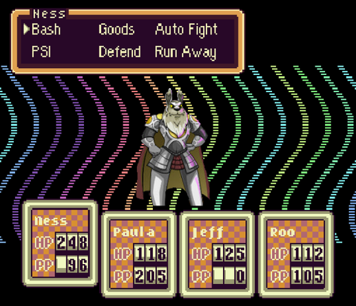 Earthbound starman battle, the starman has been replaced by the shitty official neopets comic showing king altador with really weird legs.